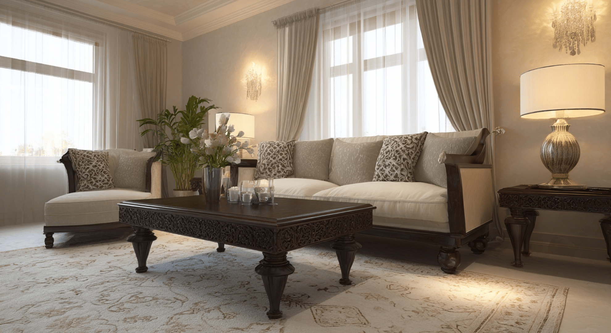 dark wood coffee tables with carved details