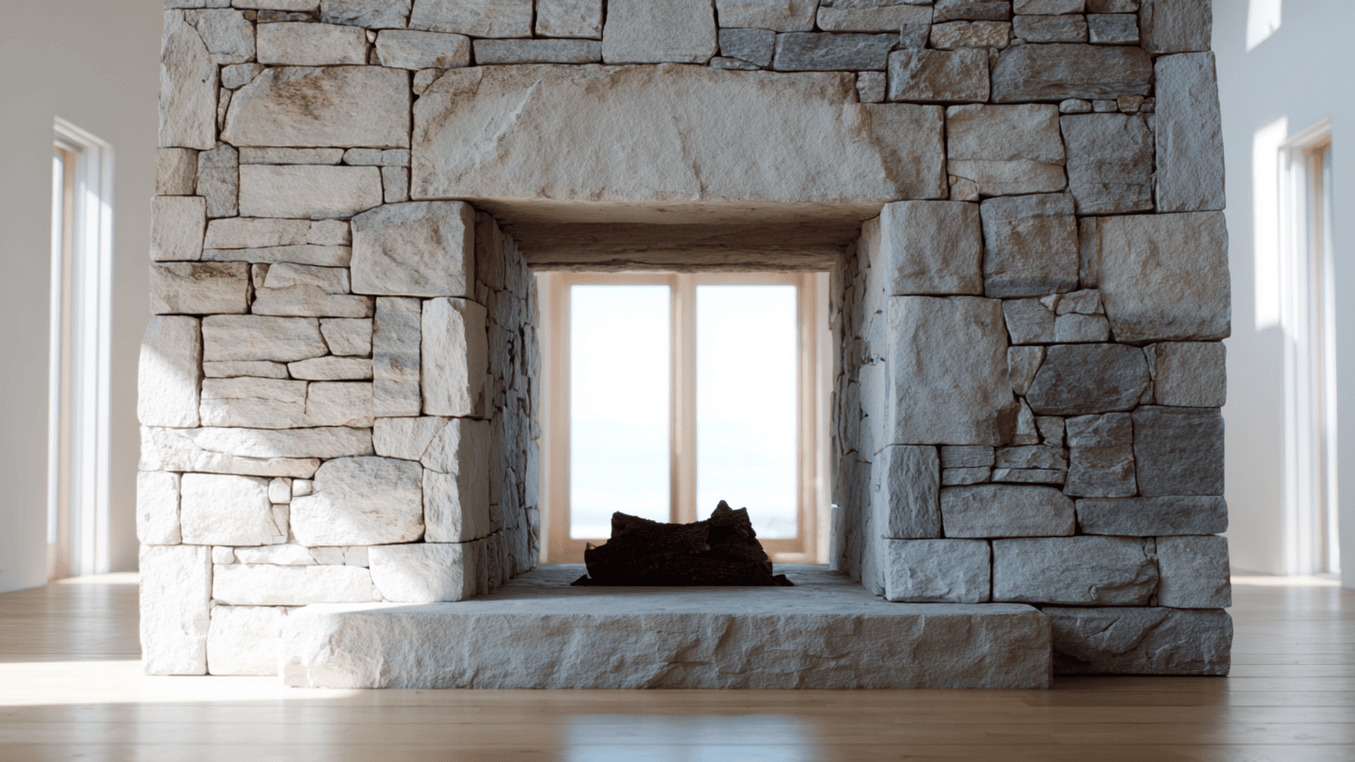 double sided stone fireplace to connect two living areas