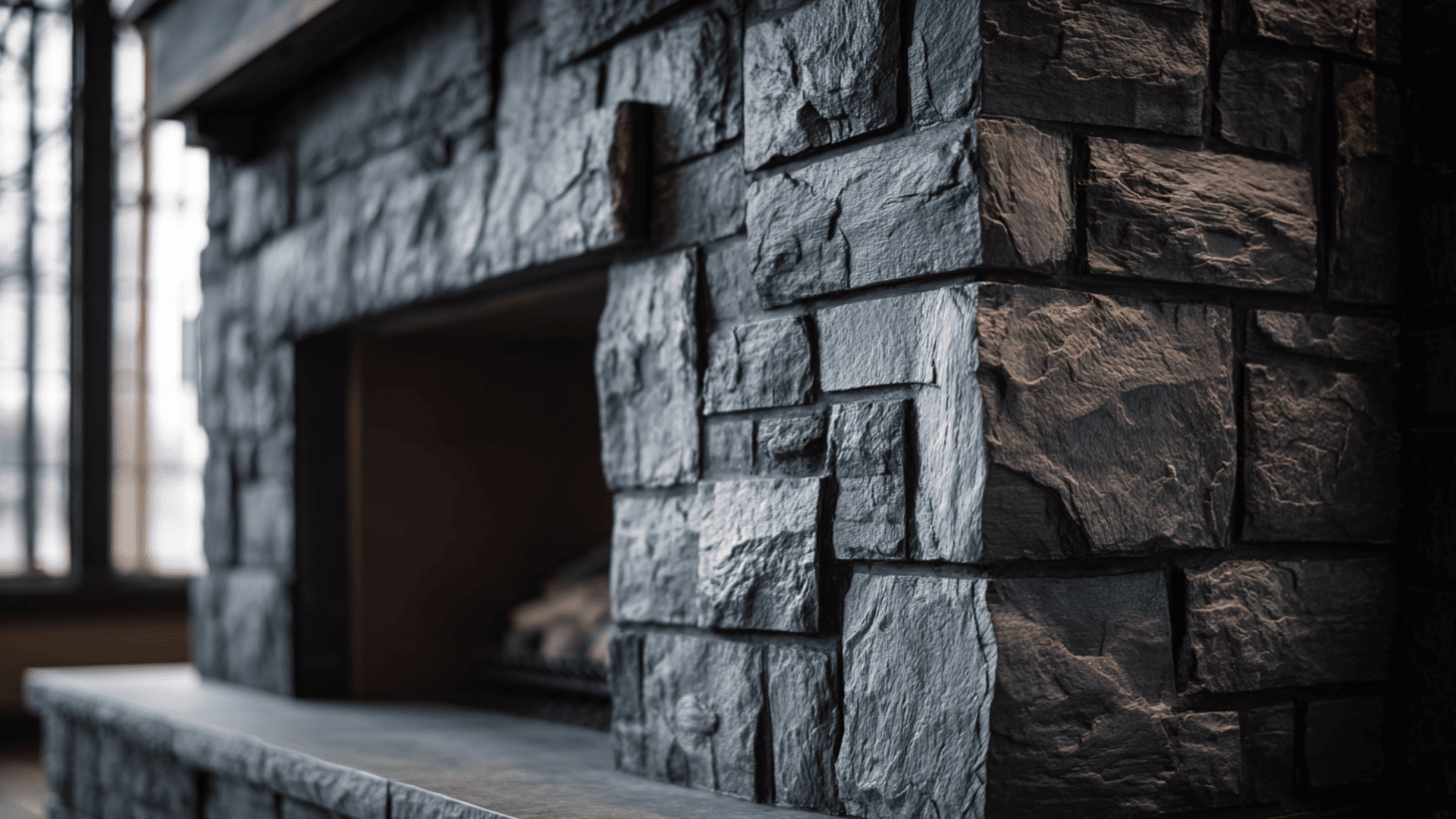 dramatic charcoal stone fireplace for a bold statement