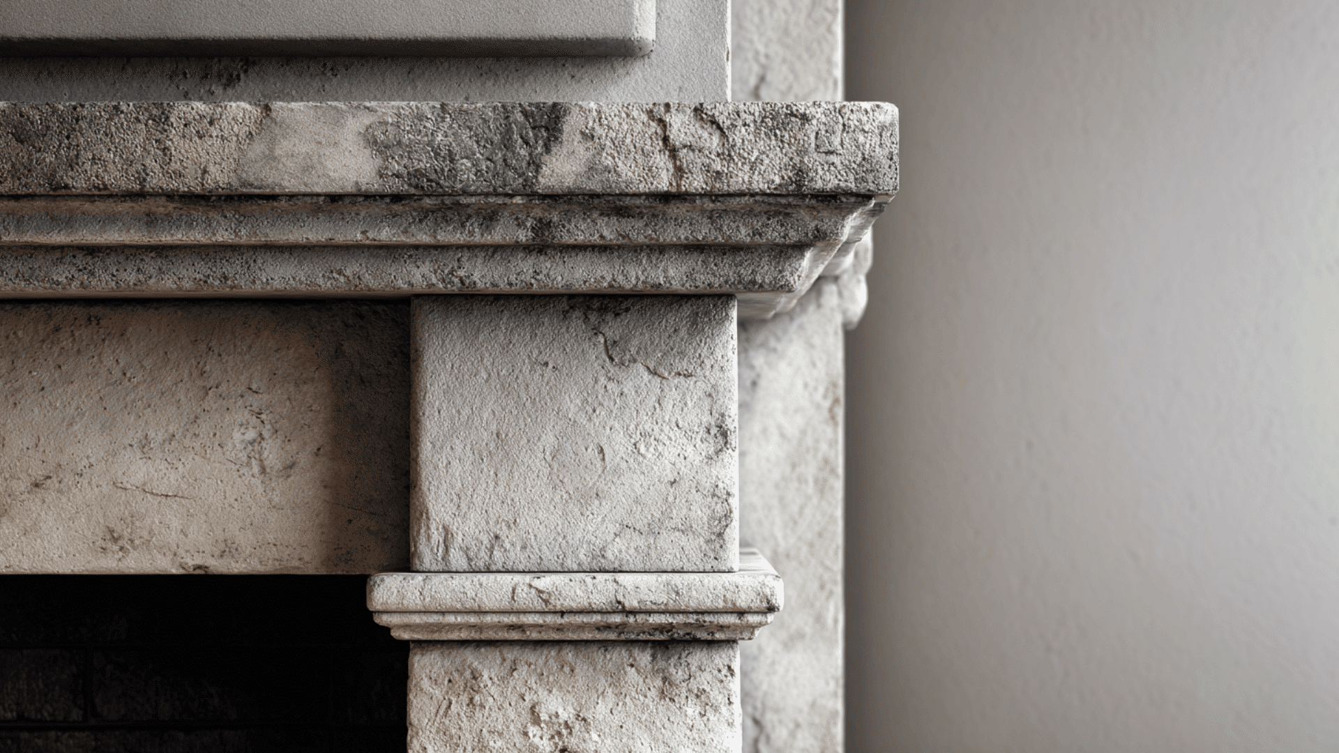 european country fireplace with soft weathered stone