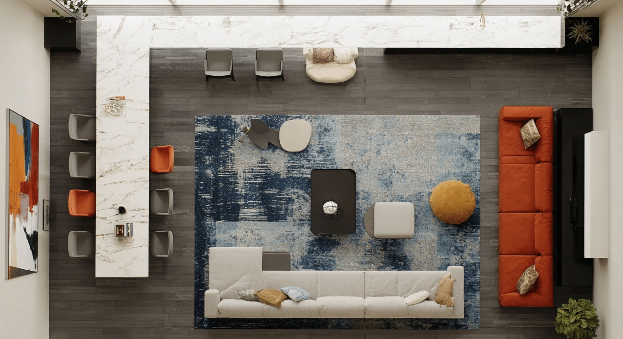 floating furniture layout with clear walkways