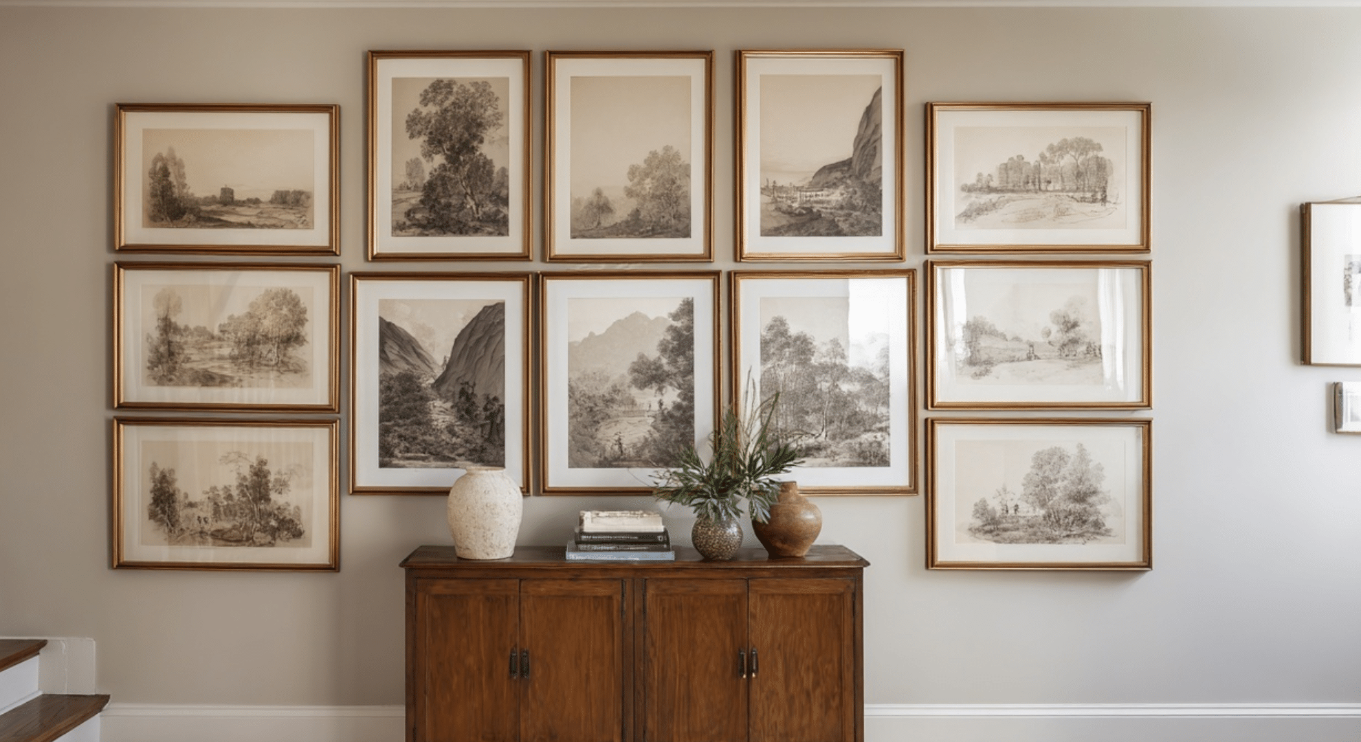 framed artwork hung in balanced groupings