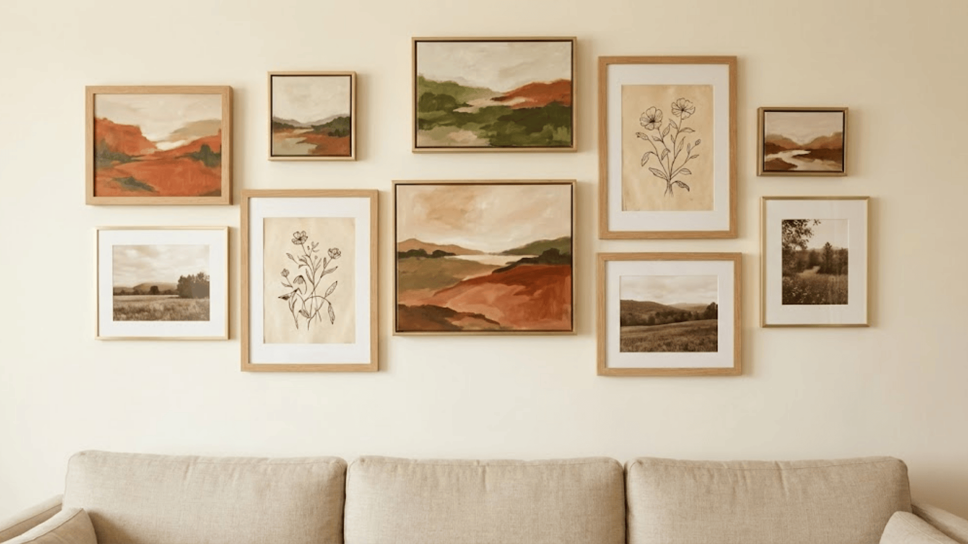 gallery walls with warm toned art