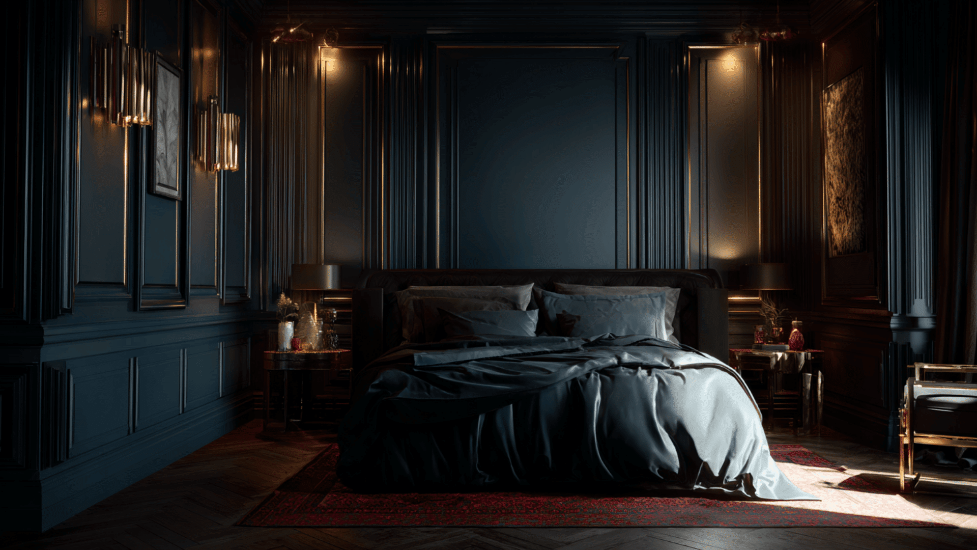 glam midnight luxury bedroom