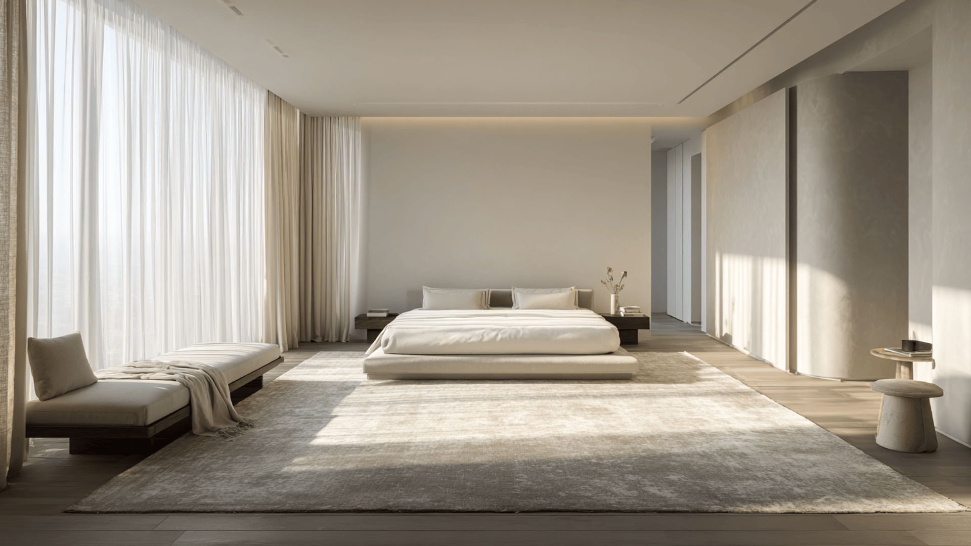 large bedroom layout with seating zone