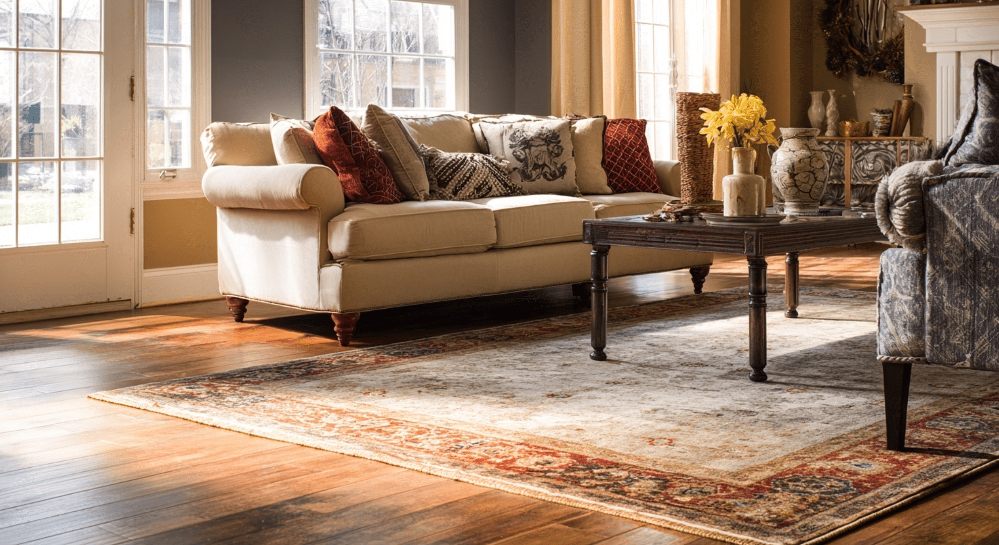 layered area rugs over hardwood floors