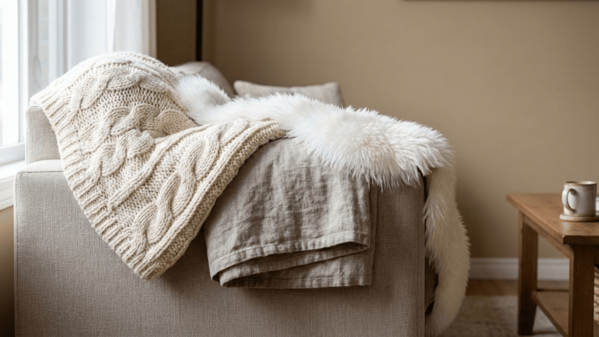 layered throw blankets in soft materials