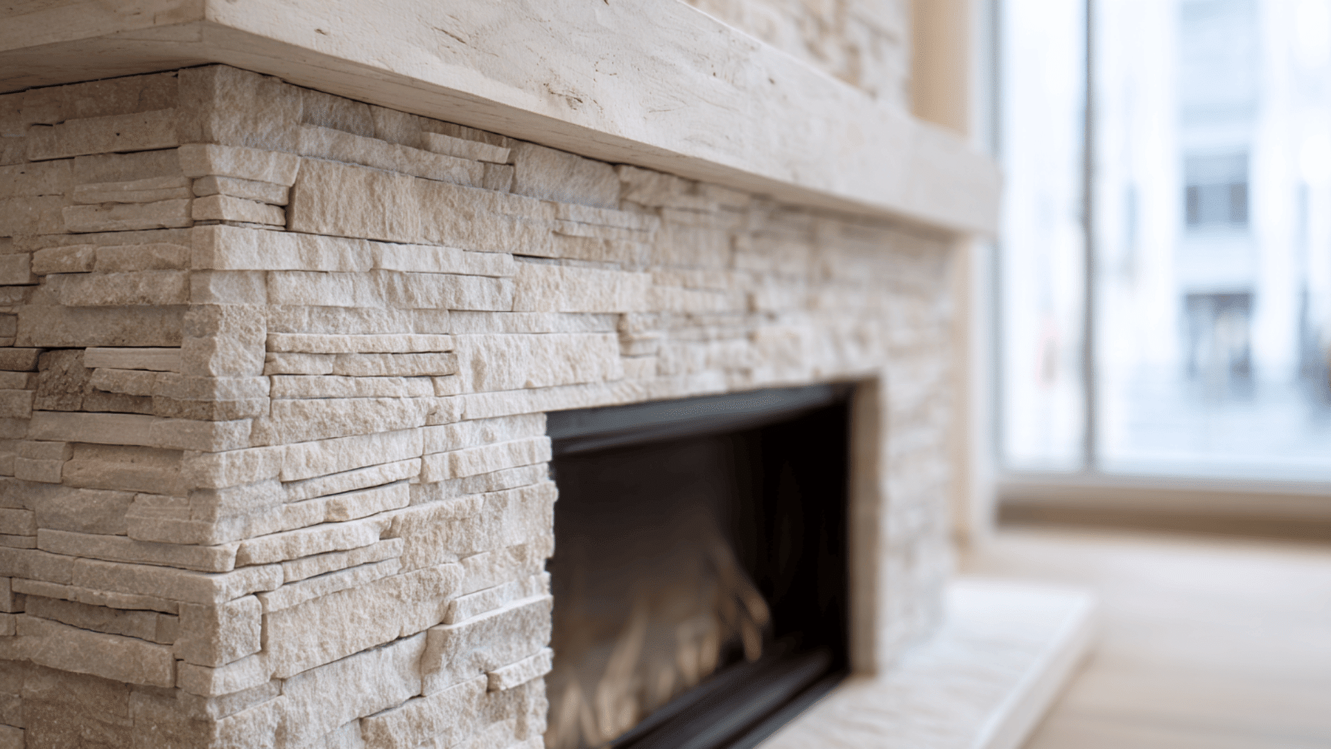 light stacked stone fireplace for a soft bright look