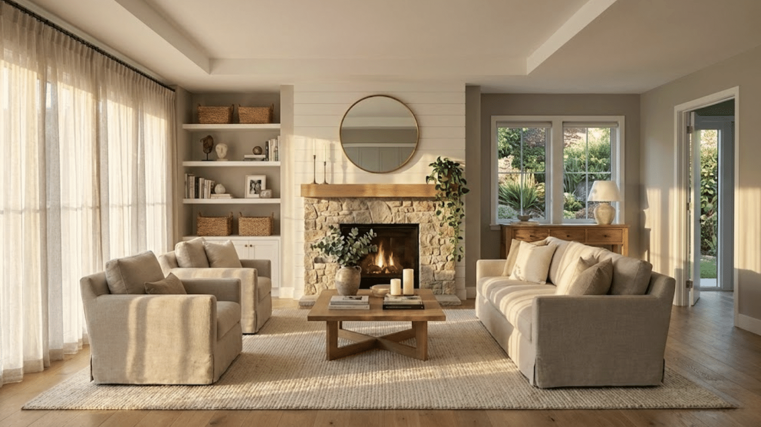 living room layout With fireplace before after