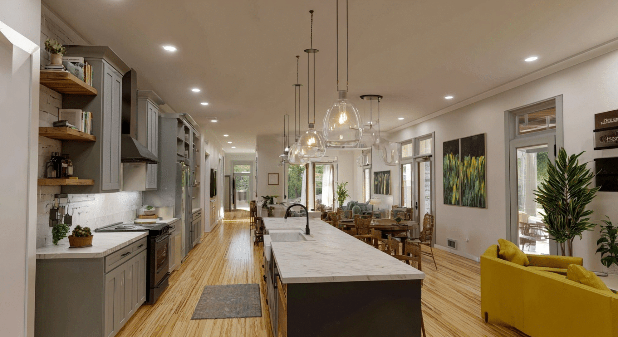 long and narrow open floor plan setup