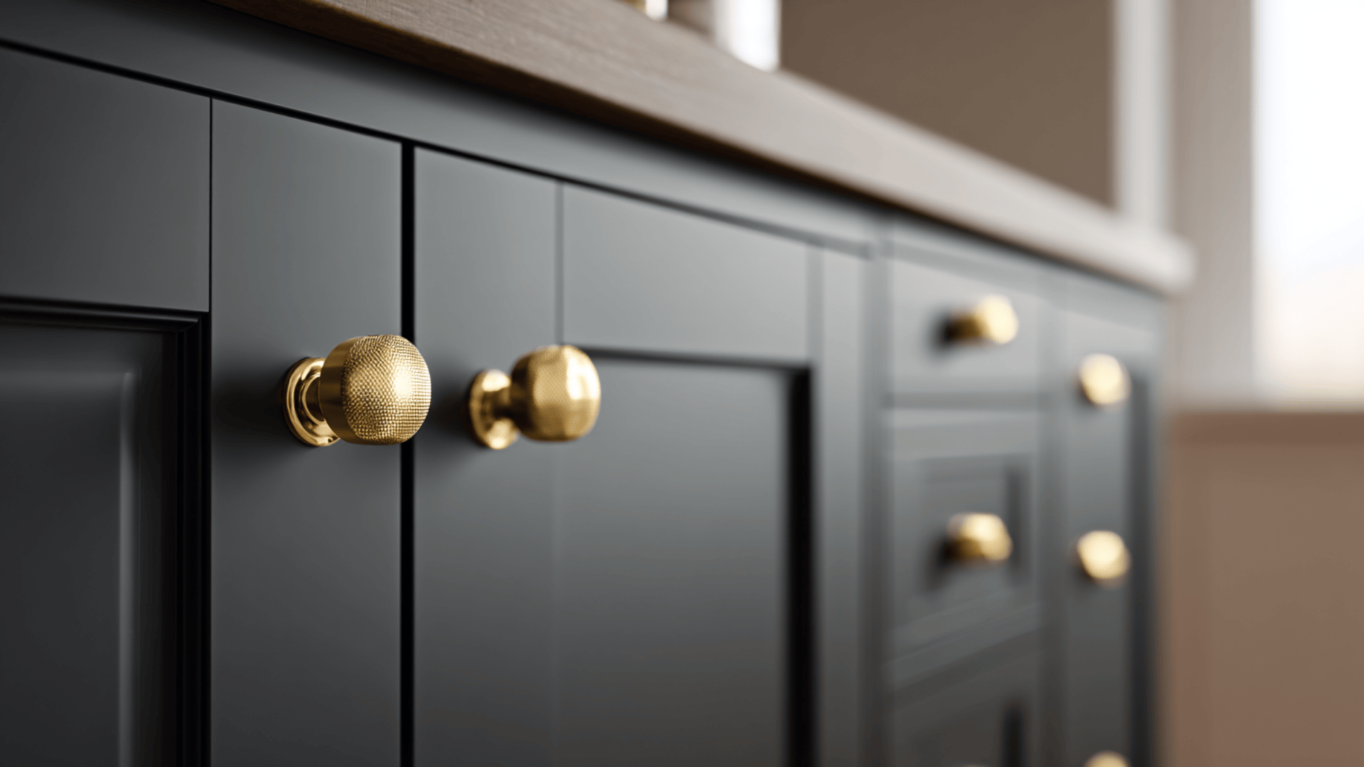 matte black kitchen cabinets with brass hardware
