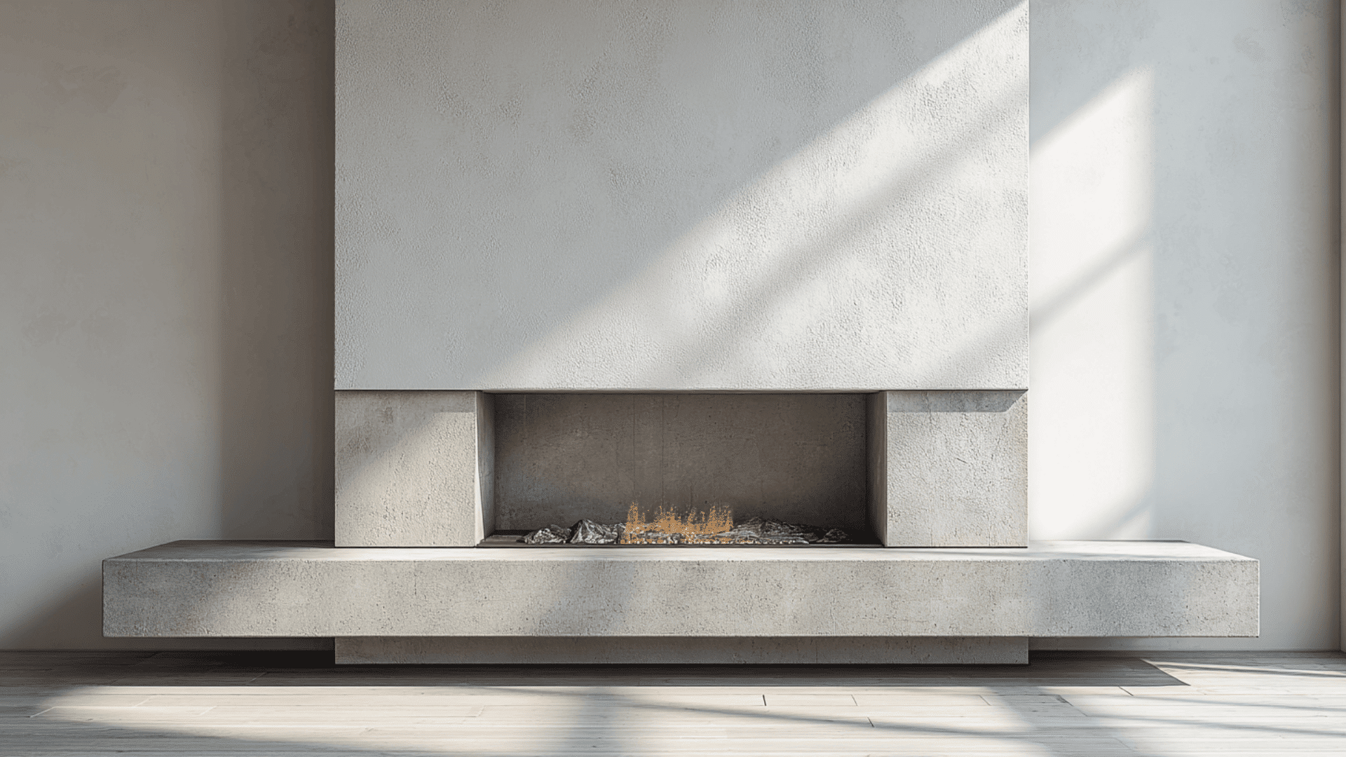 minimalist stone surround with a sleek concrete mantel