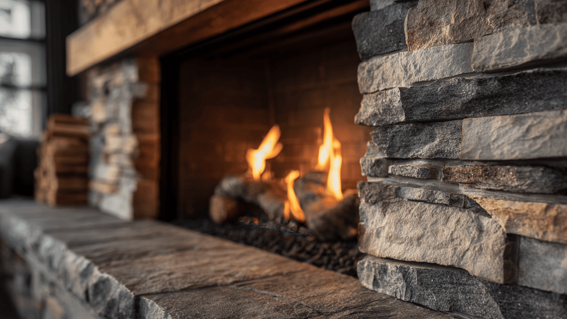 modern farmhouse fireplace using neutral mixed stone