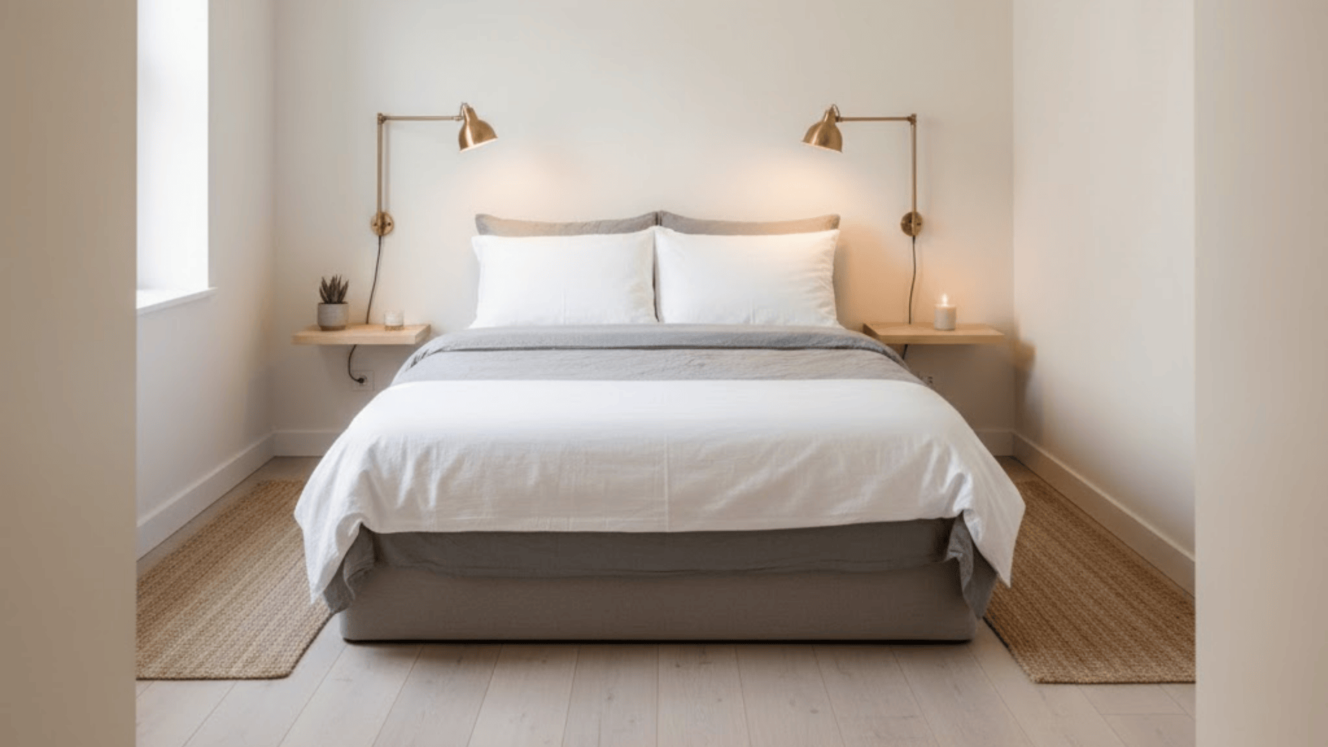 narrow bedroom layout with wall mounted lighting