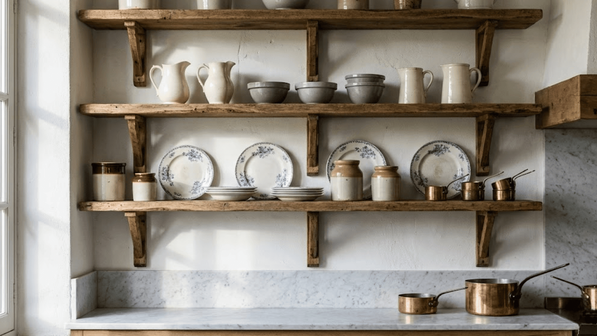 open shelving with collected ceramics