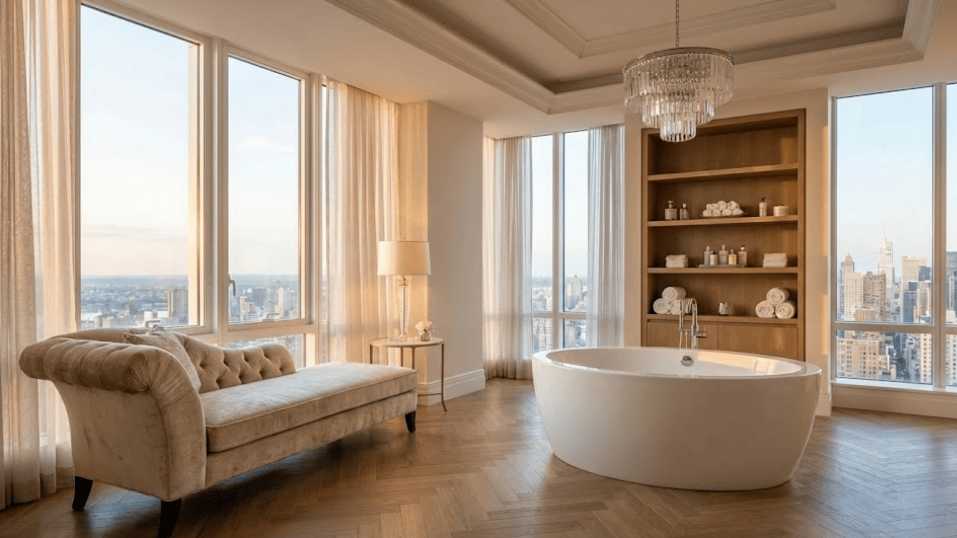 oversized luxury master bathroom with lounge area