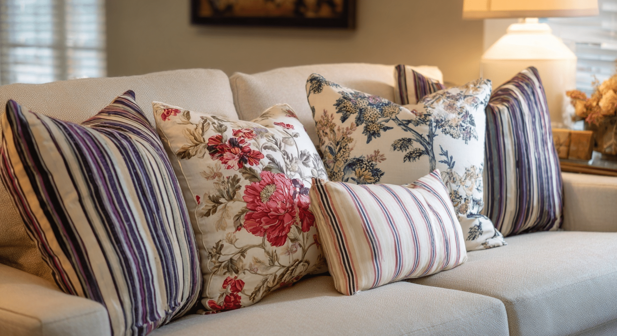 patterned throw pillows using florals or stripes