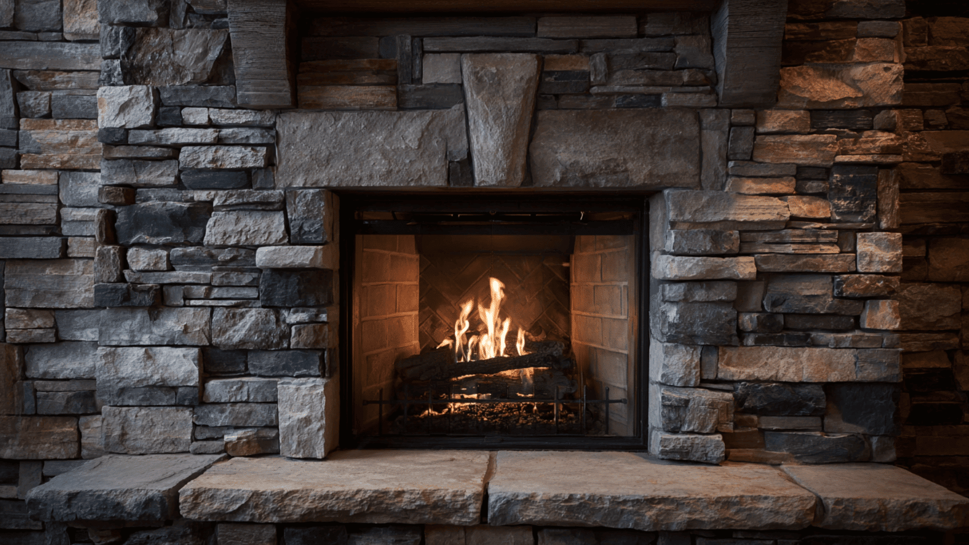 raised hearth stone fireplace for extra seating or display