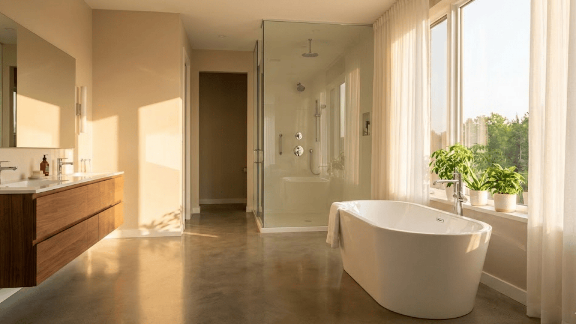 spa inspired open concept master bathroom