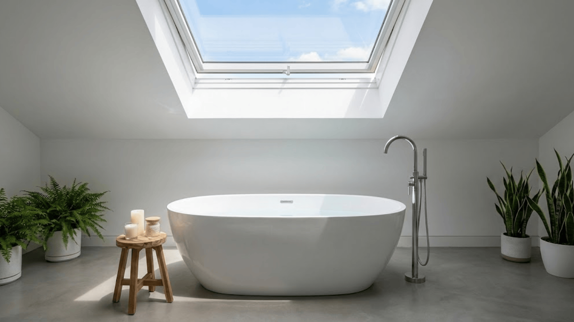 statement bathtub under a skylight