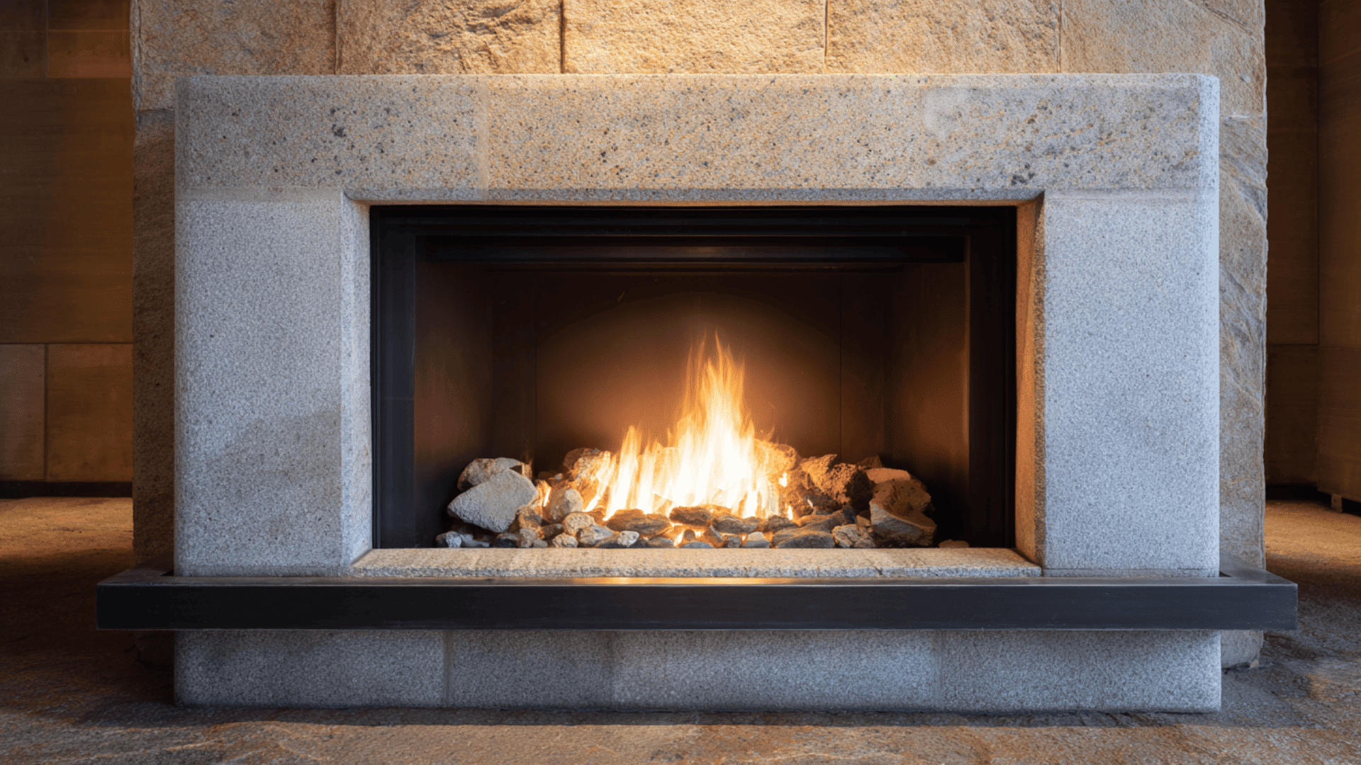 stone fireplace with a metal or steel mantel for contrast