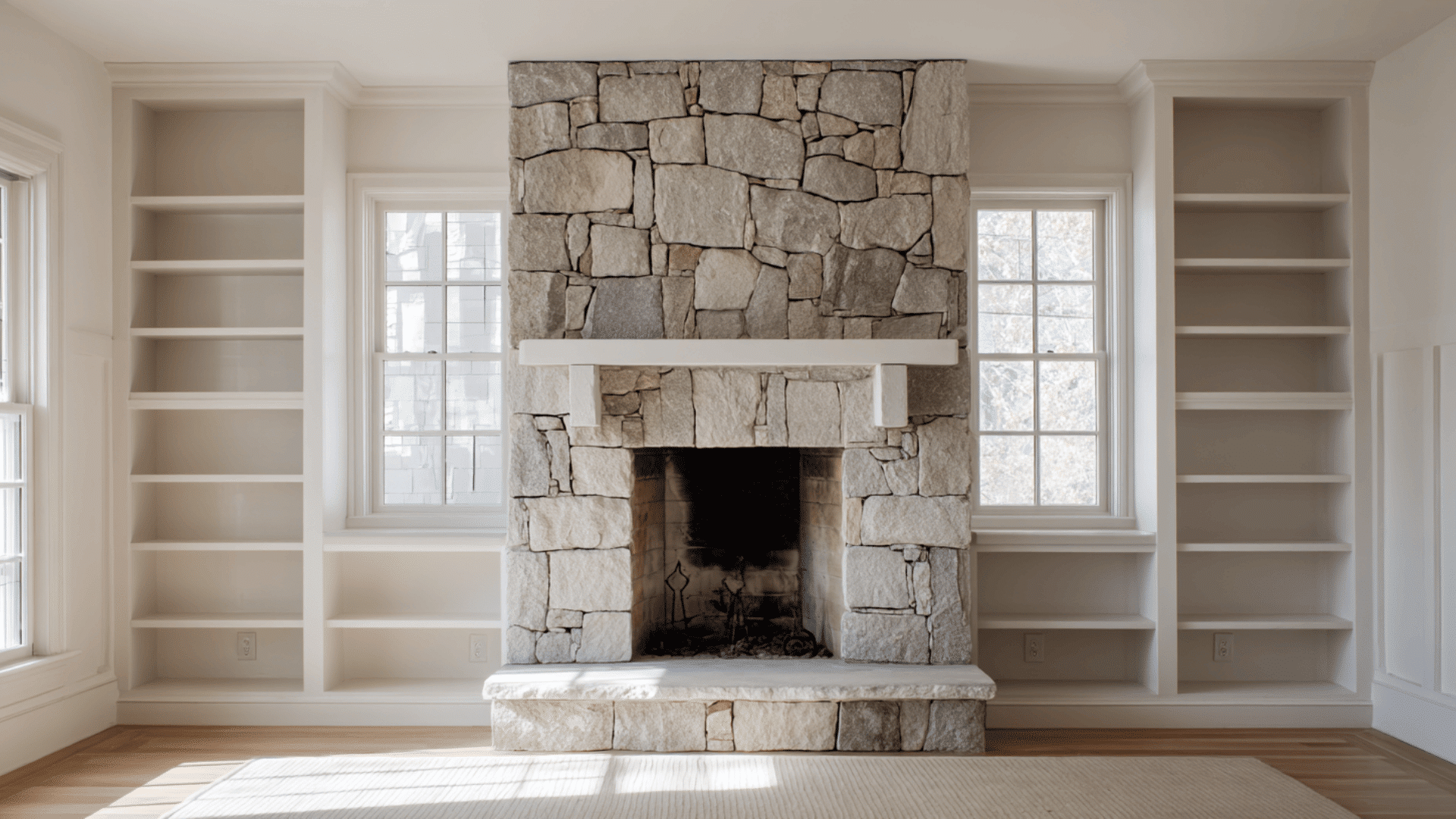 stone fireplace with built in cabinets or shelves
