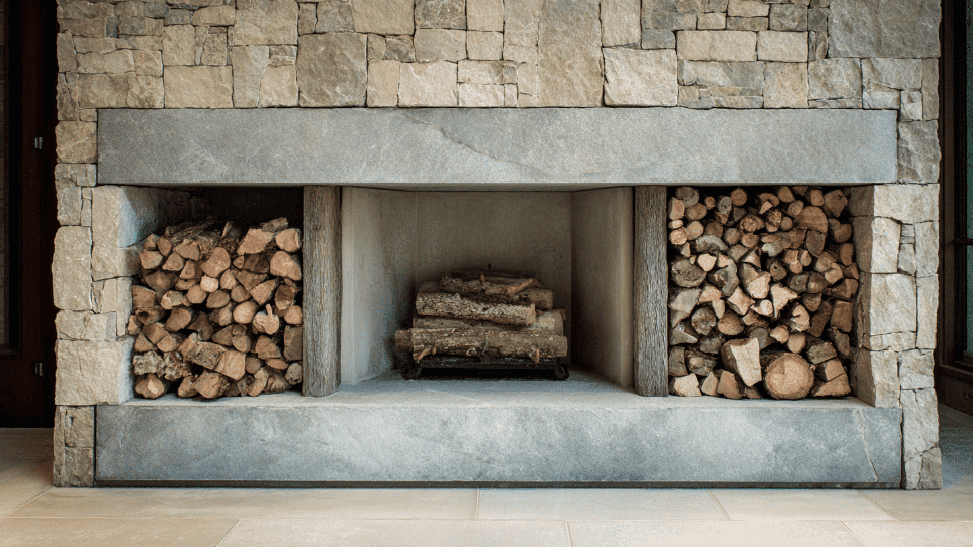 stone fireplace with open wood storage built into the design