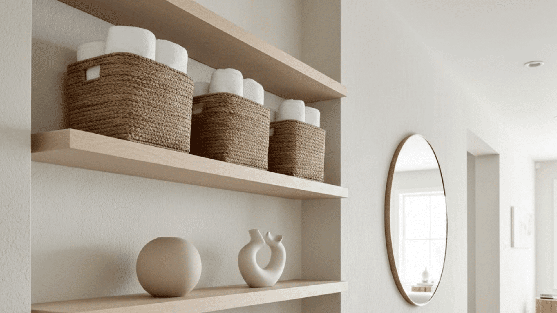 use baskets on floating shelves