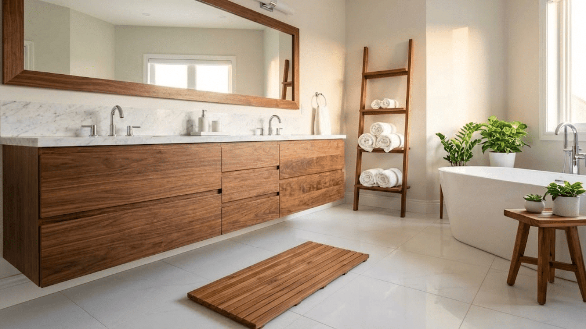 warm wood accents in luxury bathrooms
