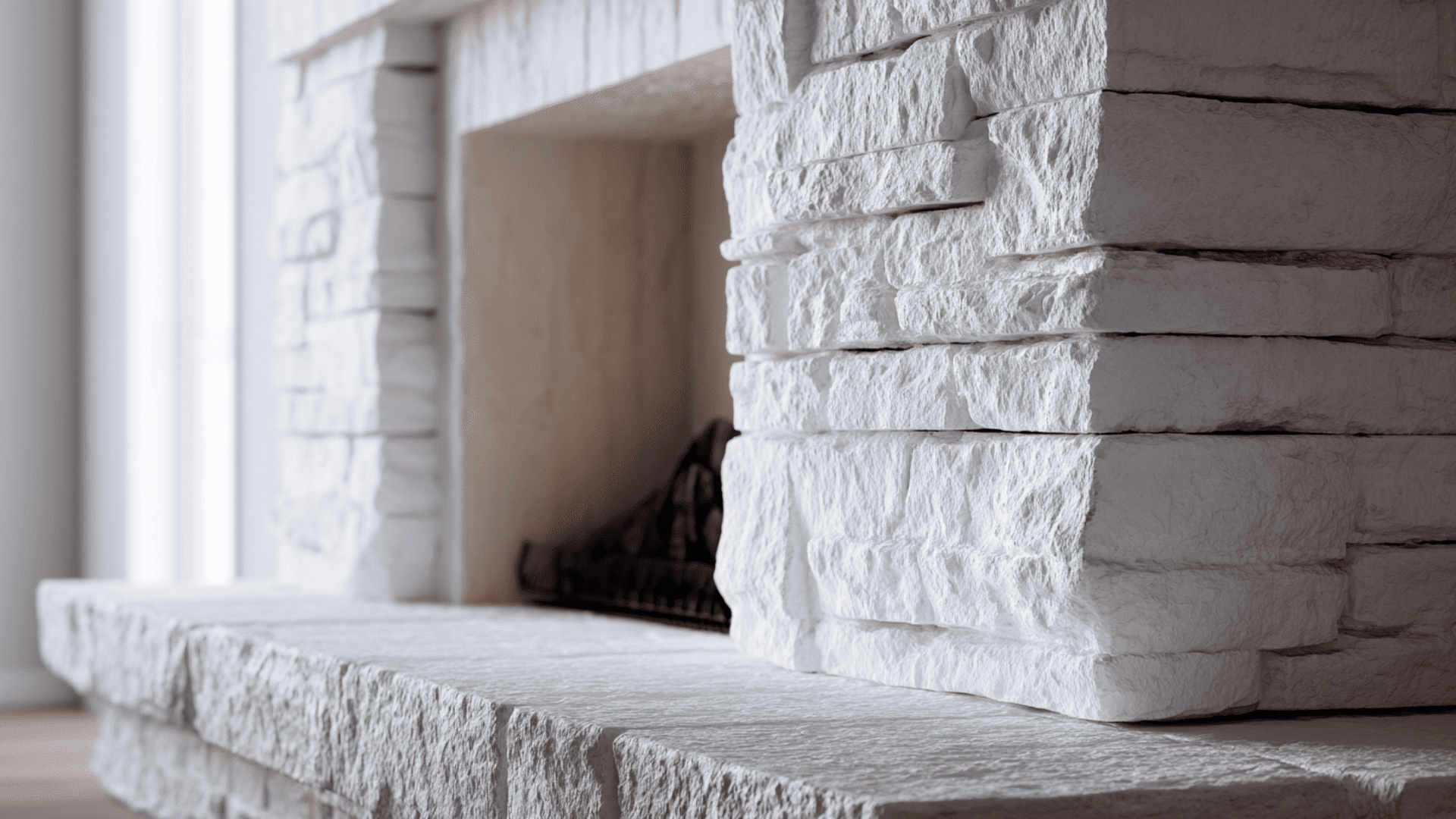 whitewashed stone fireplace for lightening a dark room