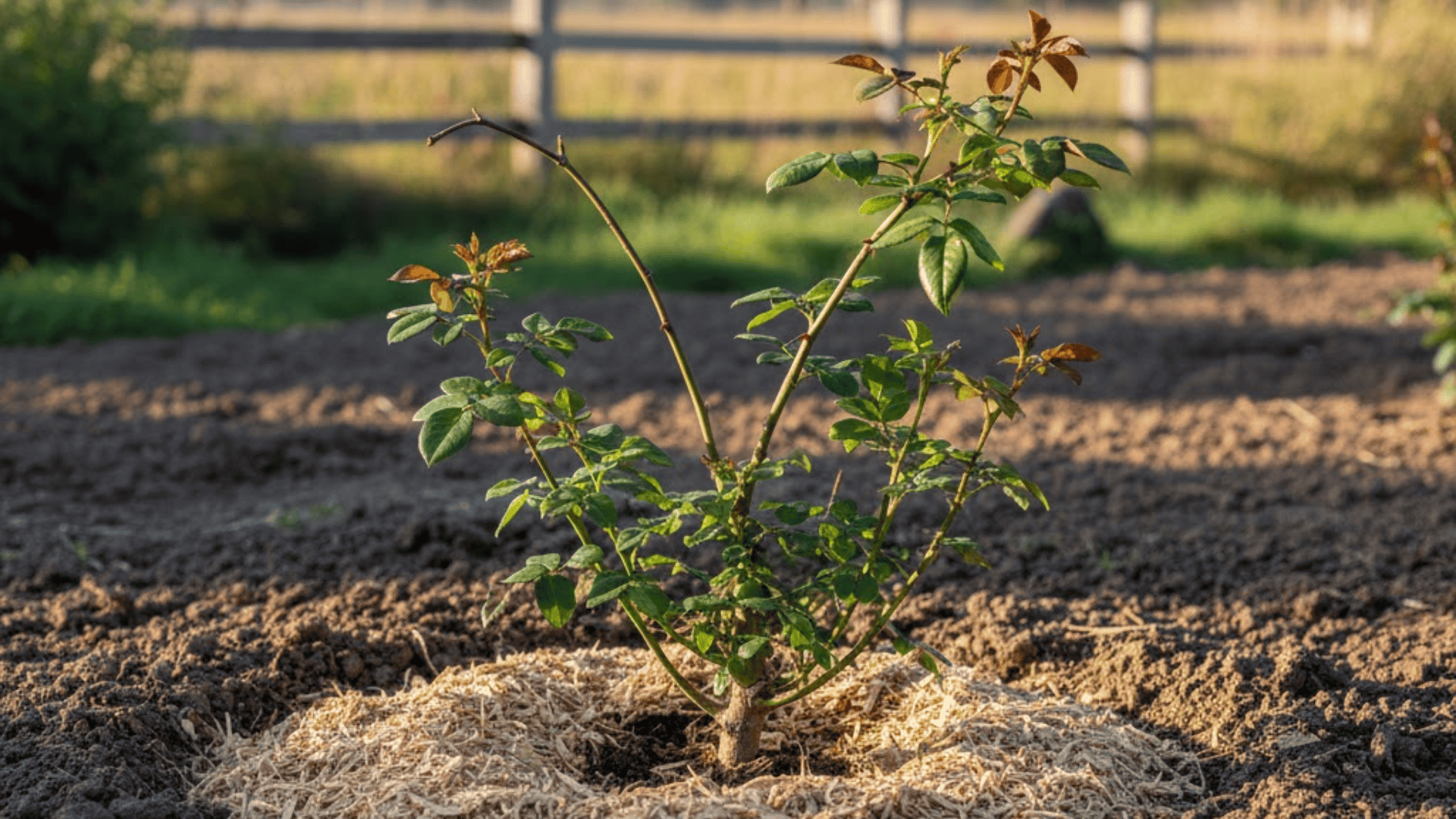 A newly planted rose bush growing in loose soil with mulch around the base, showing healthy leaves in soft morning light