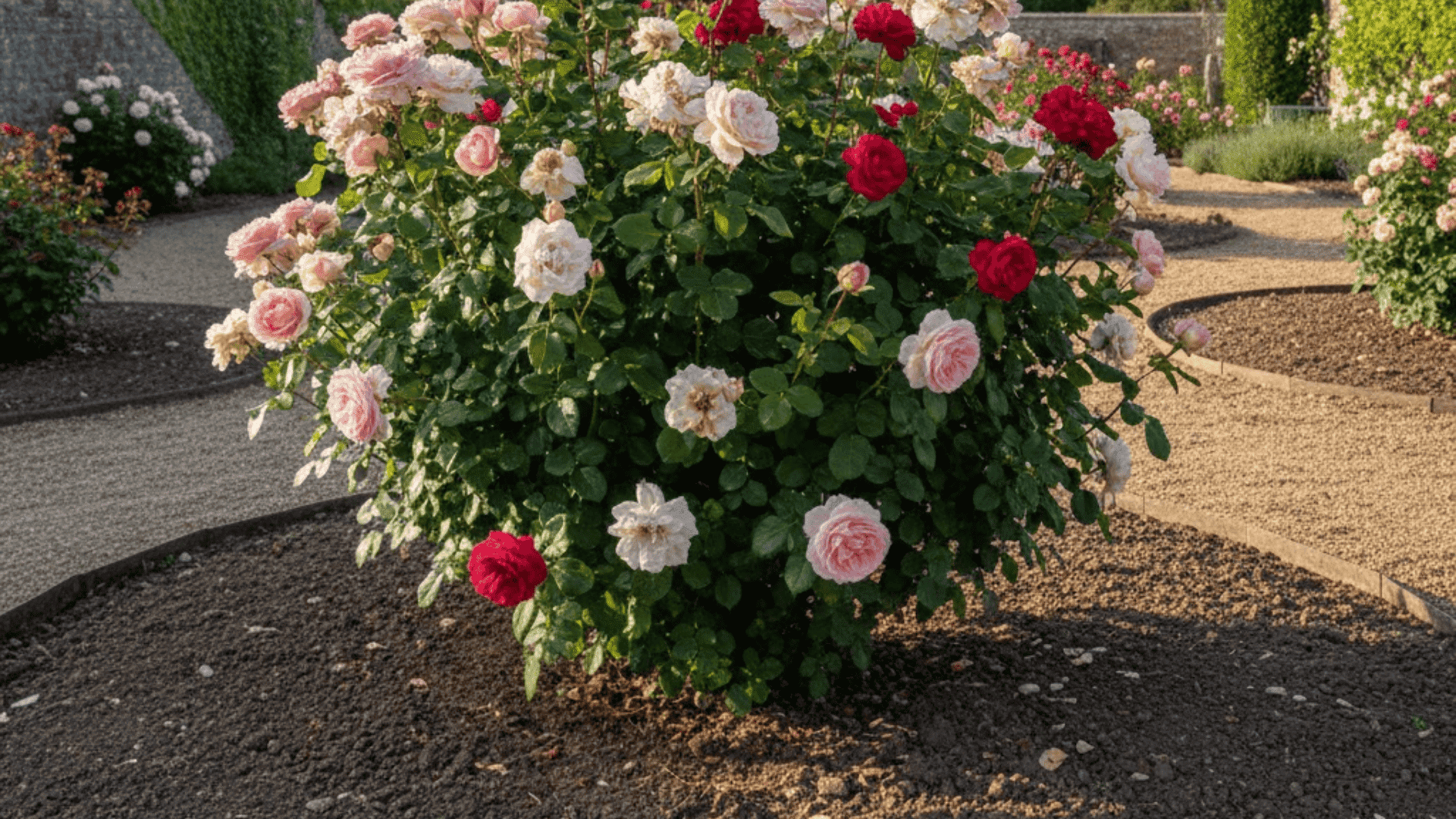 A rose plant growing in an open garden bed with full sunlight, proper spacing, and clear airflow around the plant