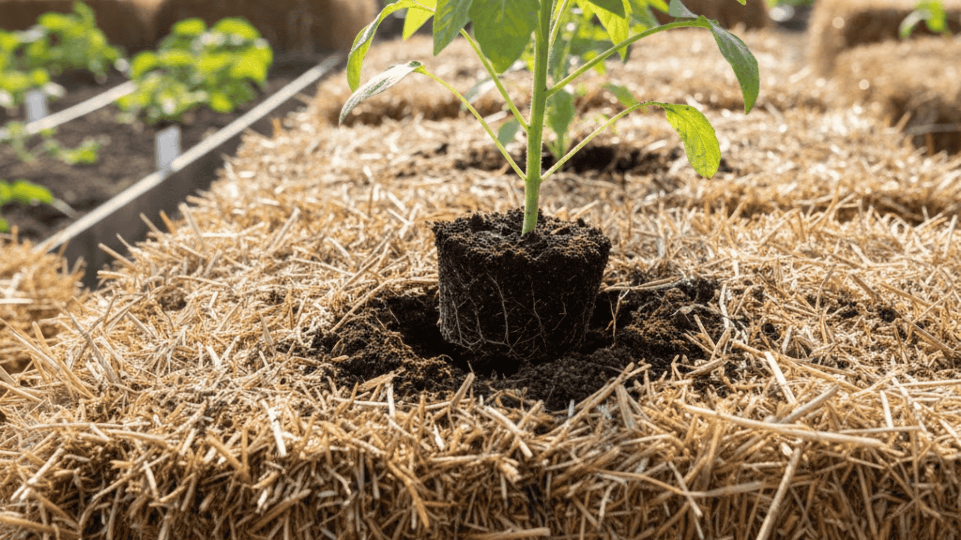 A vegetable transplant being planted into a compost pocket on top of a straw bale garden setup