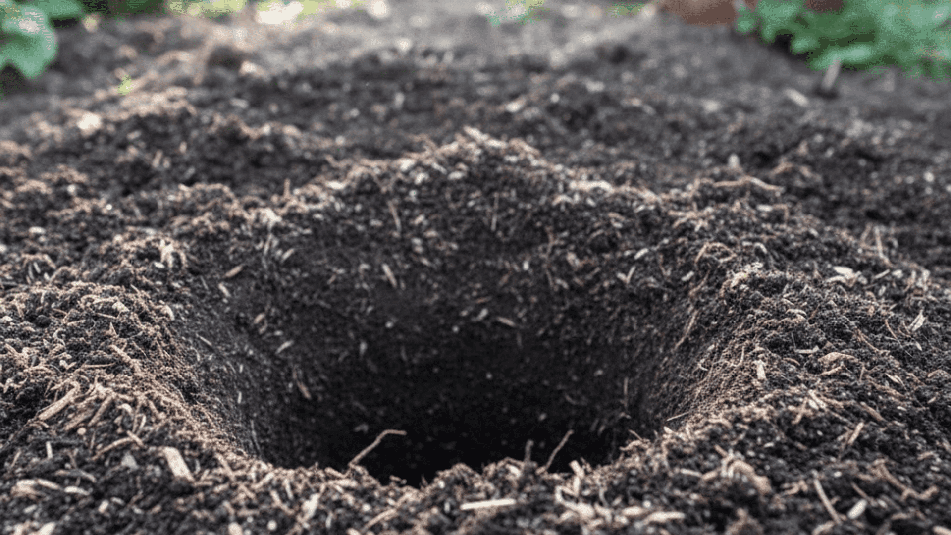 A wide planting hole dug in garden soil showing proper depth and space for a rose root system