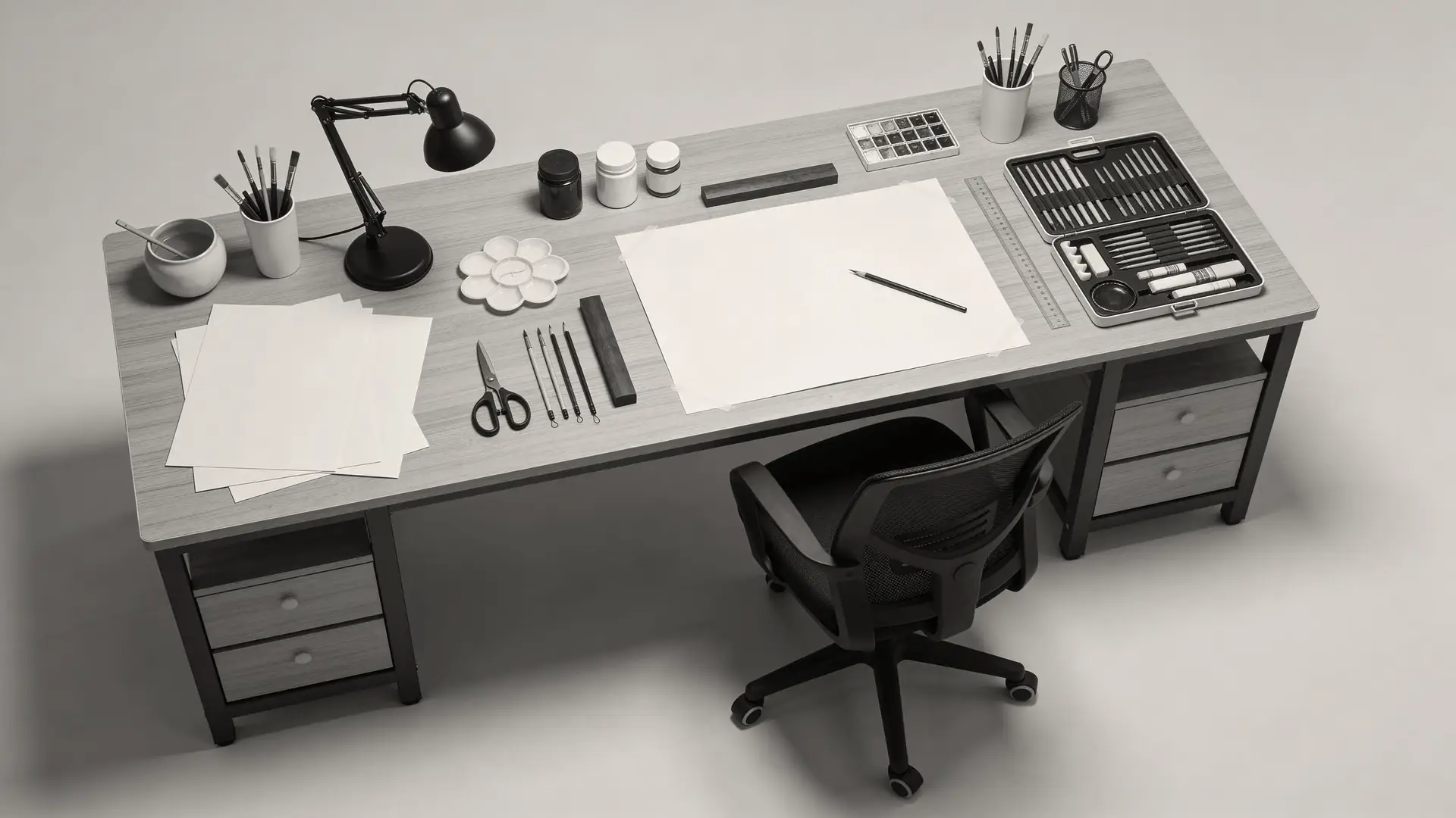 Art desk showing only tools needed for one current task