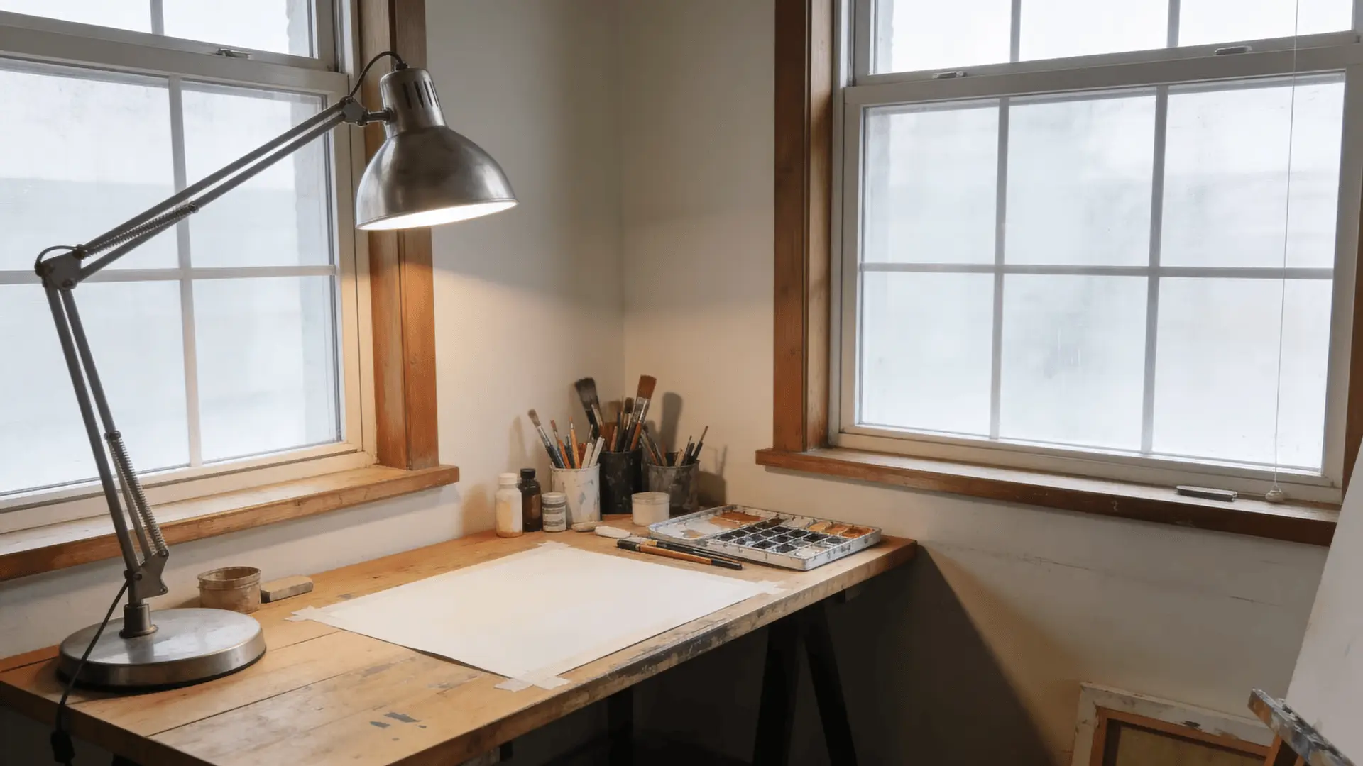 Art workspace near a window with additional steady task lighting