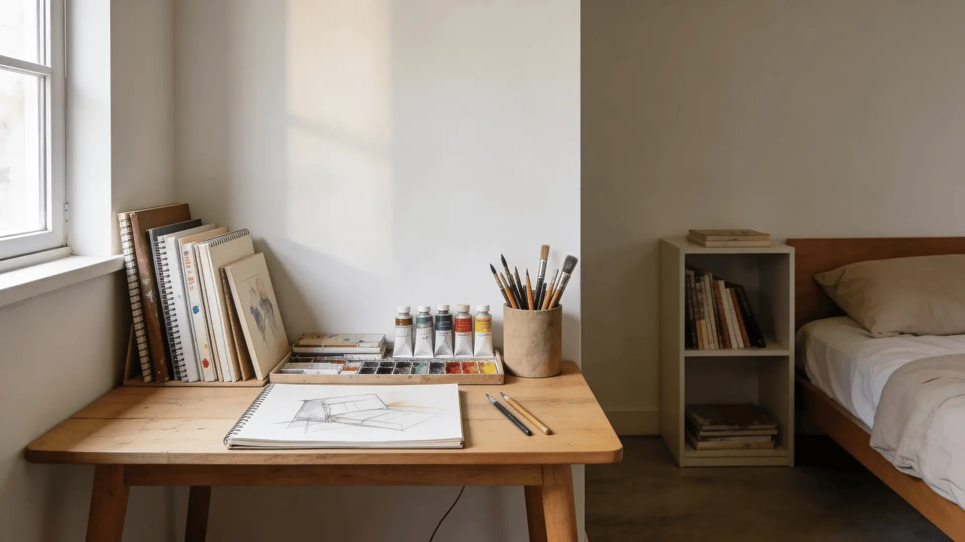 Art workspace set up in the corner of a spare bedroom