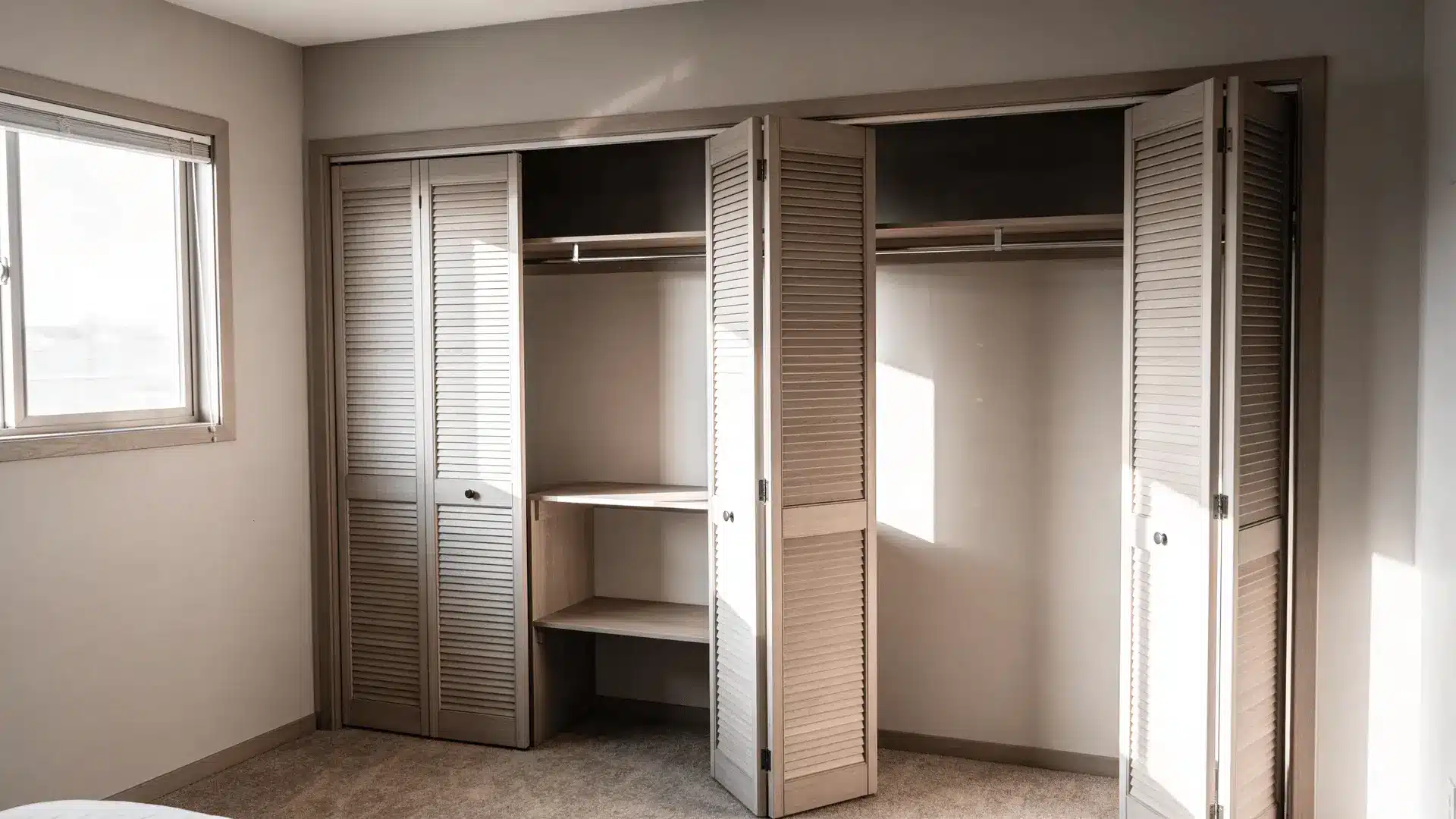 Bedroom closet with sliding doors open and empty rod inside