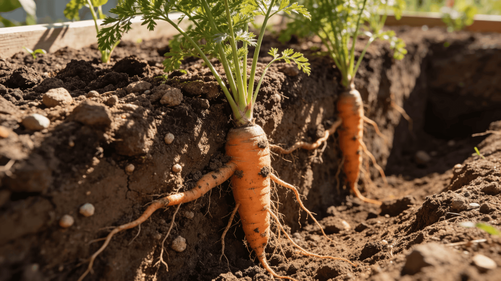 Carrot roots growing straight down through loose soil beneath green tops