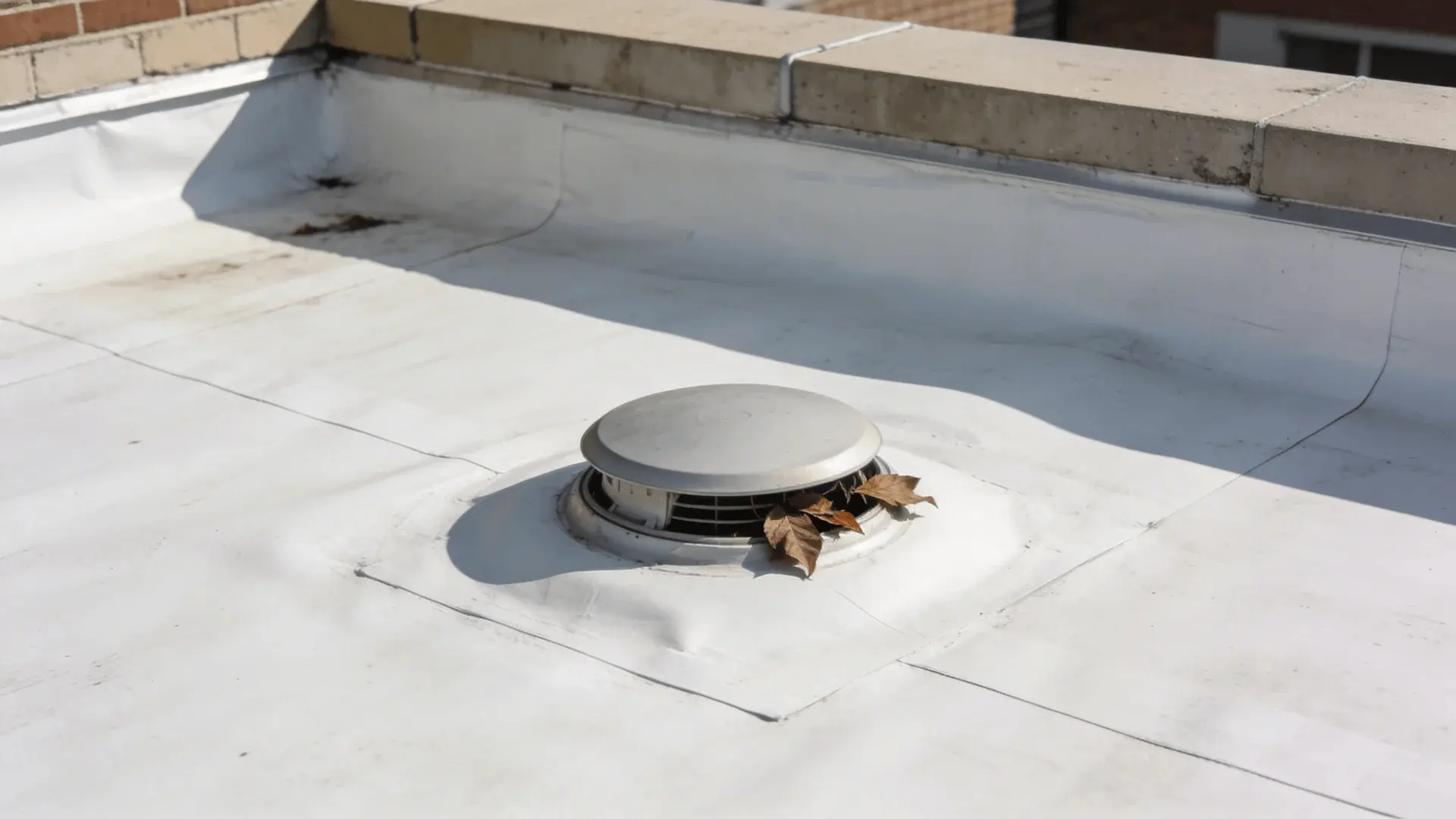 Circular drain on a white flat roof membrane with leaves being removed