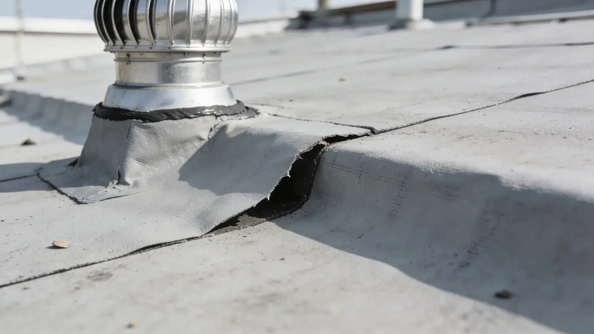 Close-up of a flat roof seam and flashing near a vent penetration