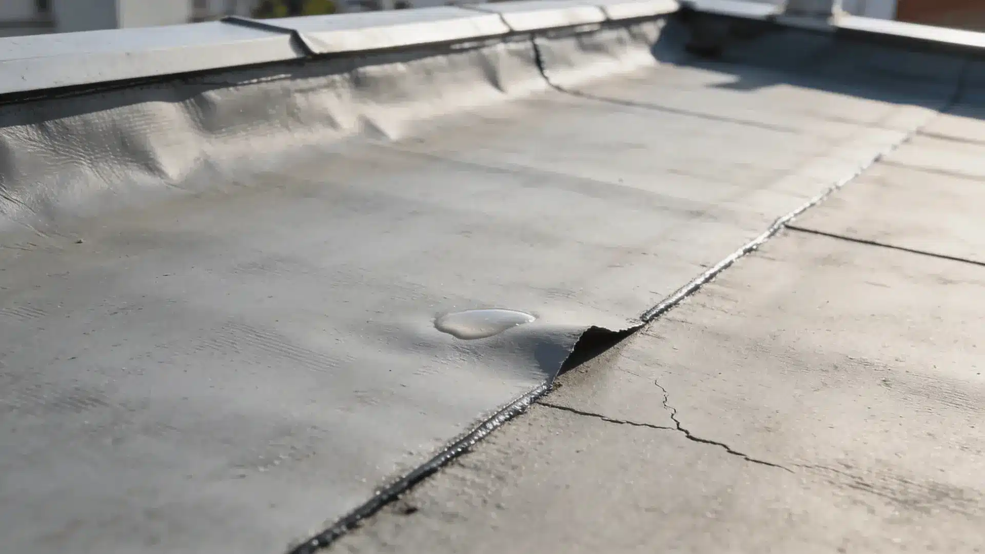 Close-up of flat roof membrane with small blister and slight seam lifting