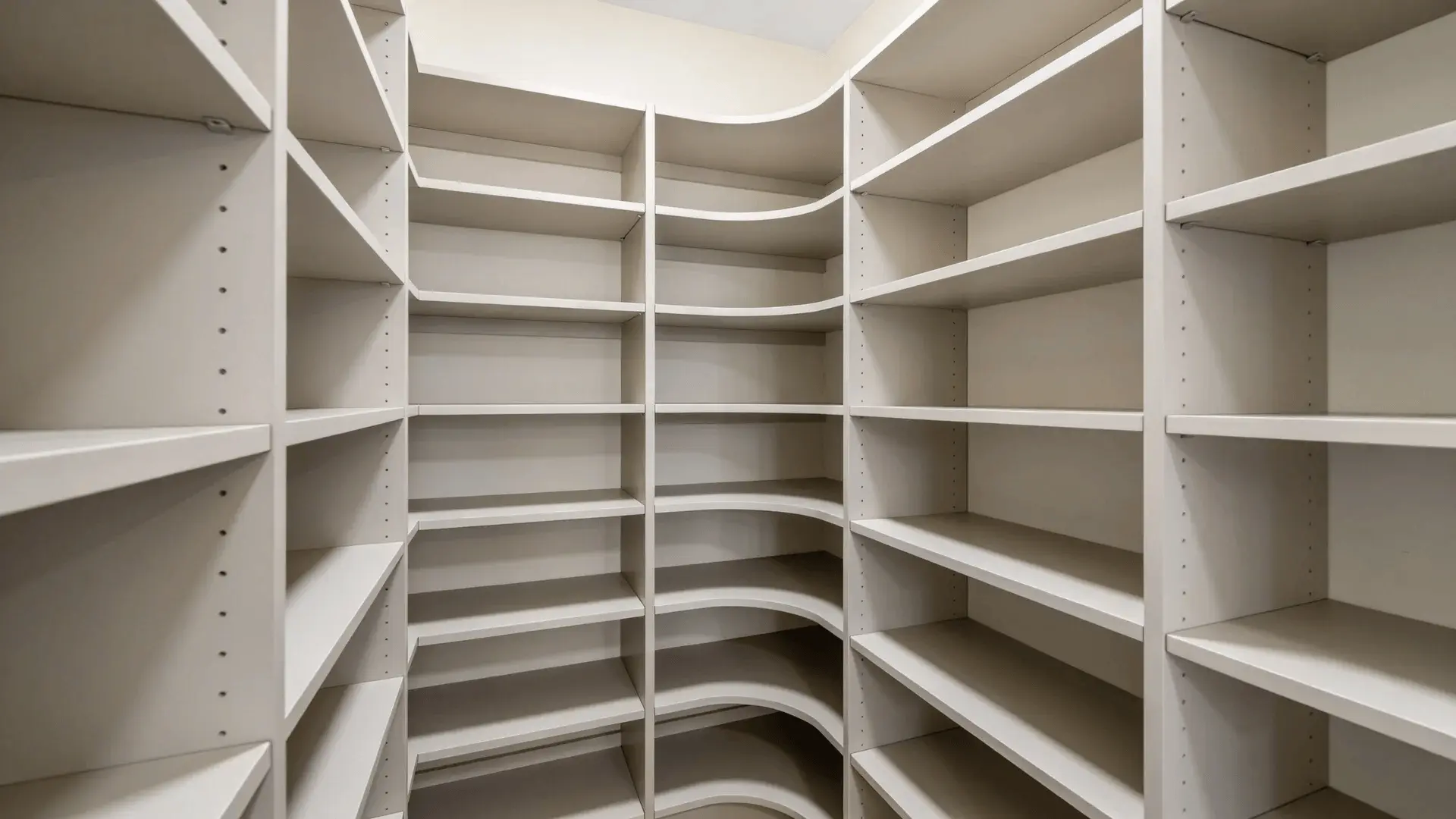Closet corner with open shelves and clear wall transition