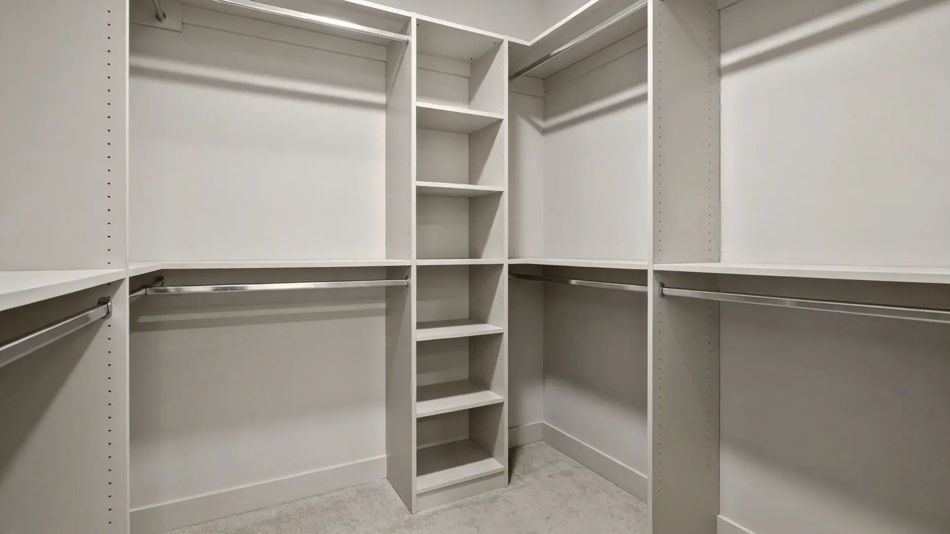 Closet corner with vertical shelving and clear walkway transition