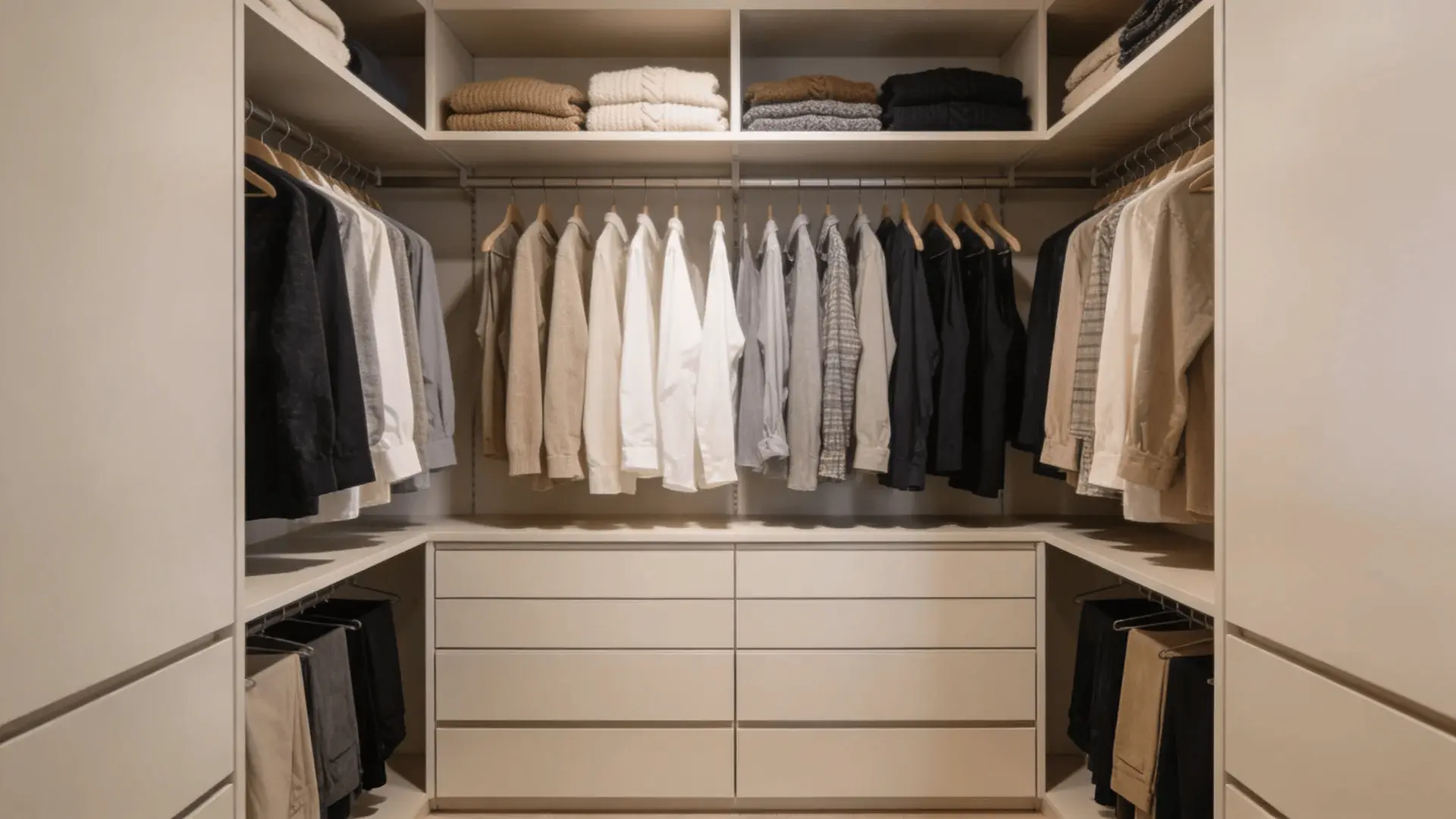 Closet wall with top shelves, eye-level hanging, and lower drawers