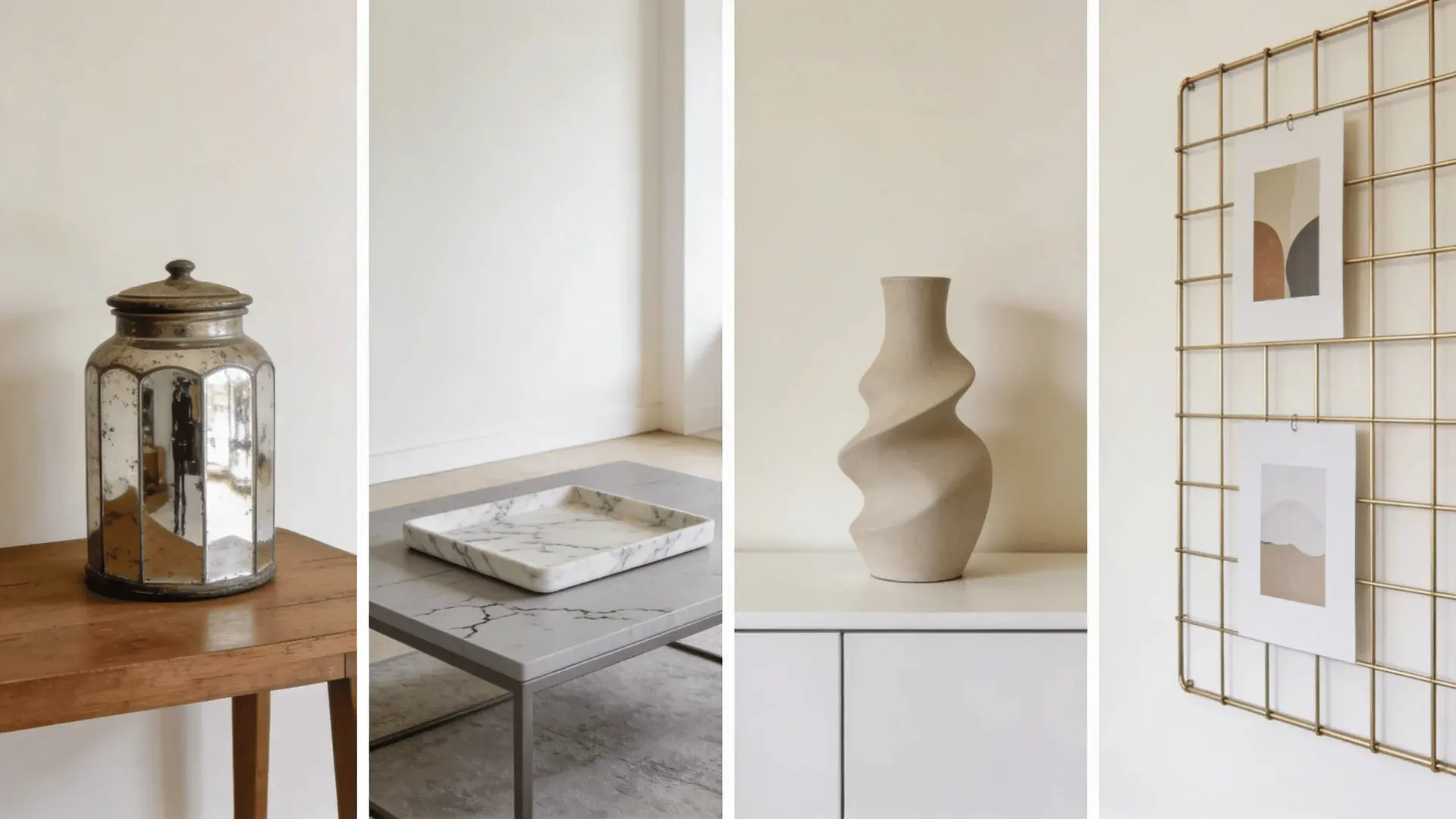 Collage of distressed mirror jar, marble tray, neutral vase, and gold wall grid