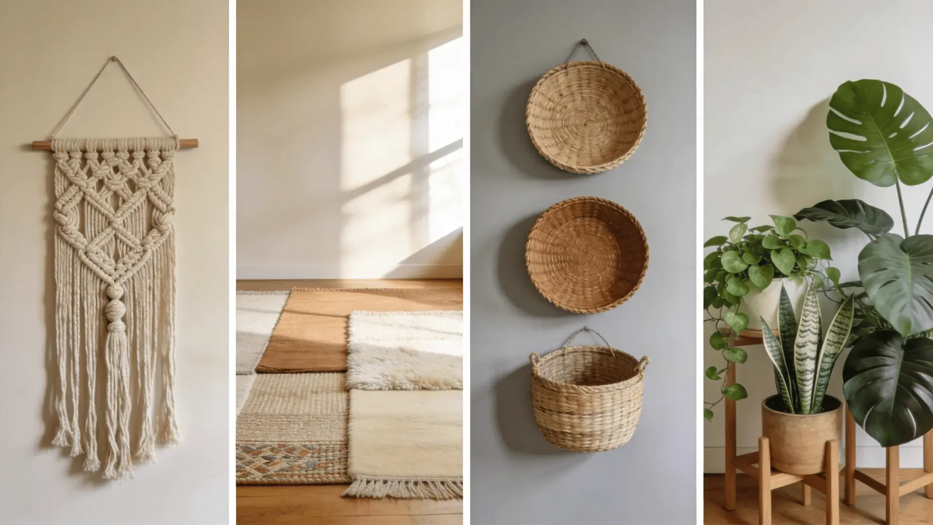 Collage of macramé wall art, layered rugs, basket wall display, and grouped plants