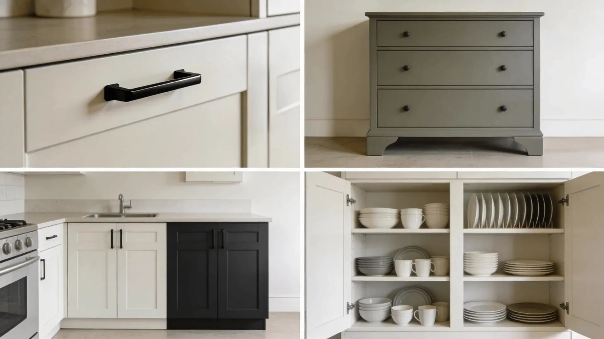 Collage of updated cabinet hardware, painted dresser, two-tone cabinets, and open shelving