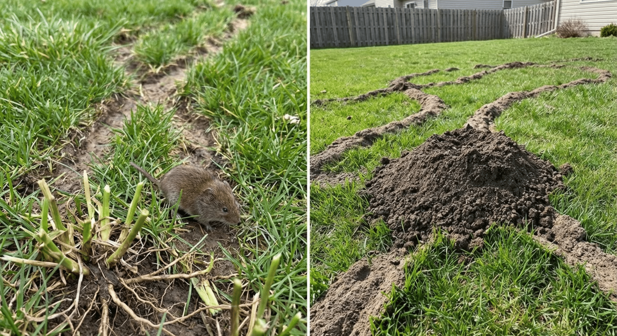 Comparison of vole damage with surface trails vs mole damage with raised ridges and molehills on lawn