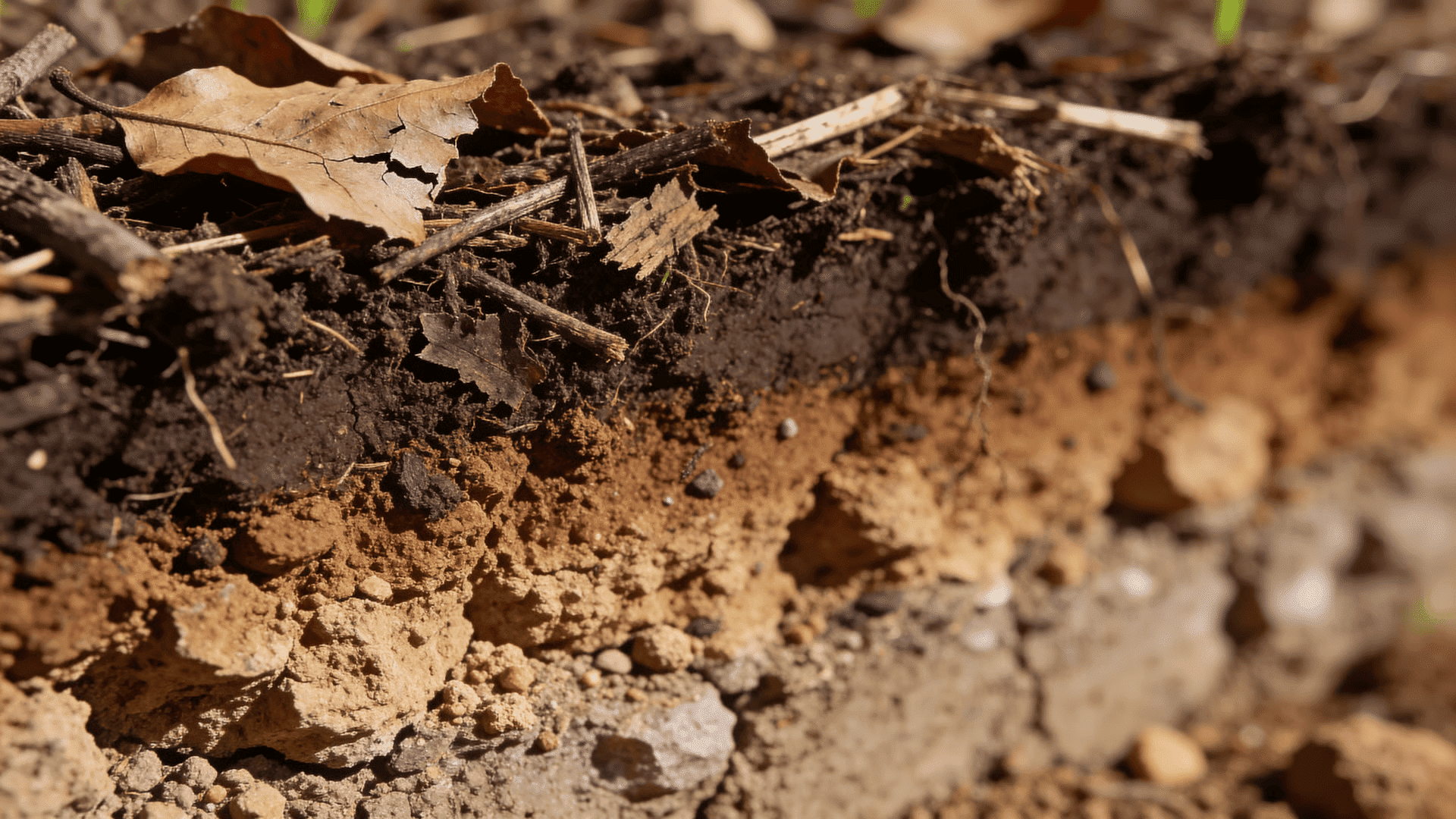 Cross-section of organic layers breaking down into soil over time